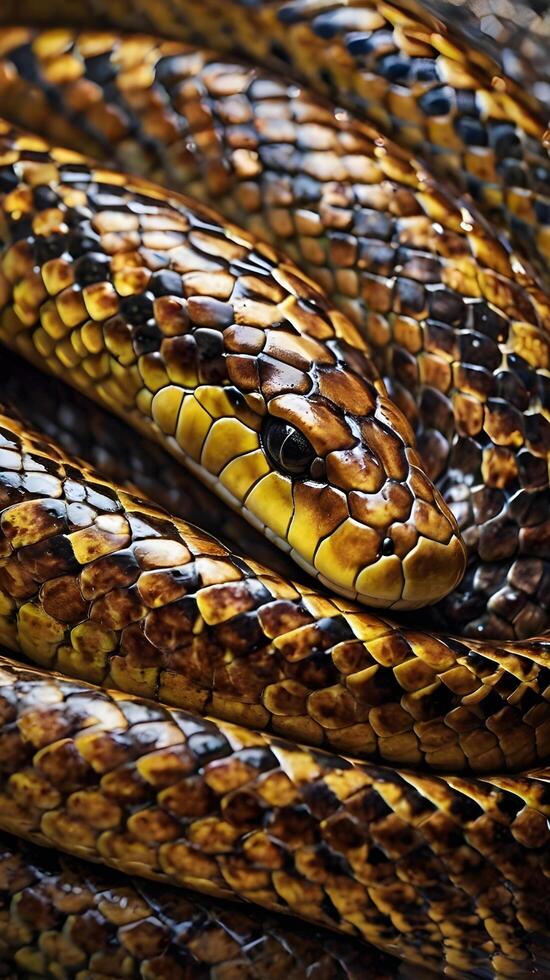 A zoomed-in shot of a snakes overlapping scales with glossy highlights accentuating their texture. photo