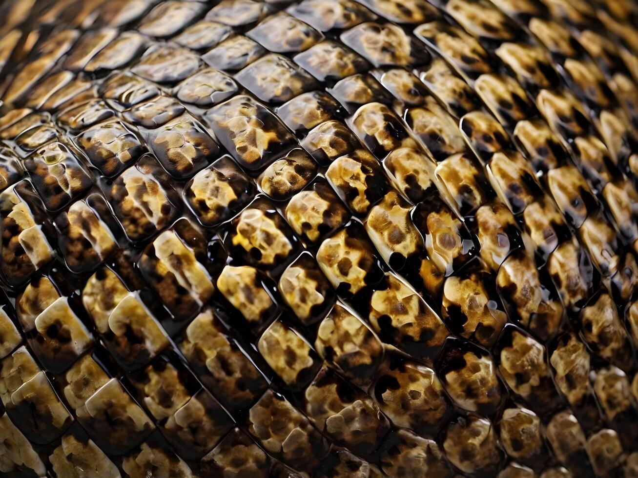 A high-resolution close-up of a snakes glossy, overlapping scales, reflecting light beautifully. photo