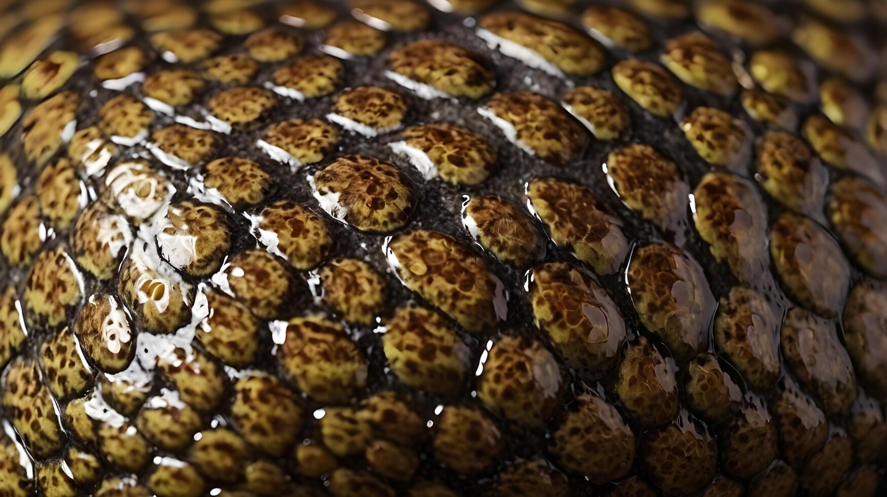 A sharp-focus image showing the reflective highlights on the overlapping scales of a snake. photo