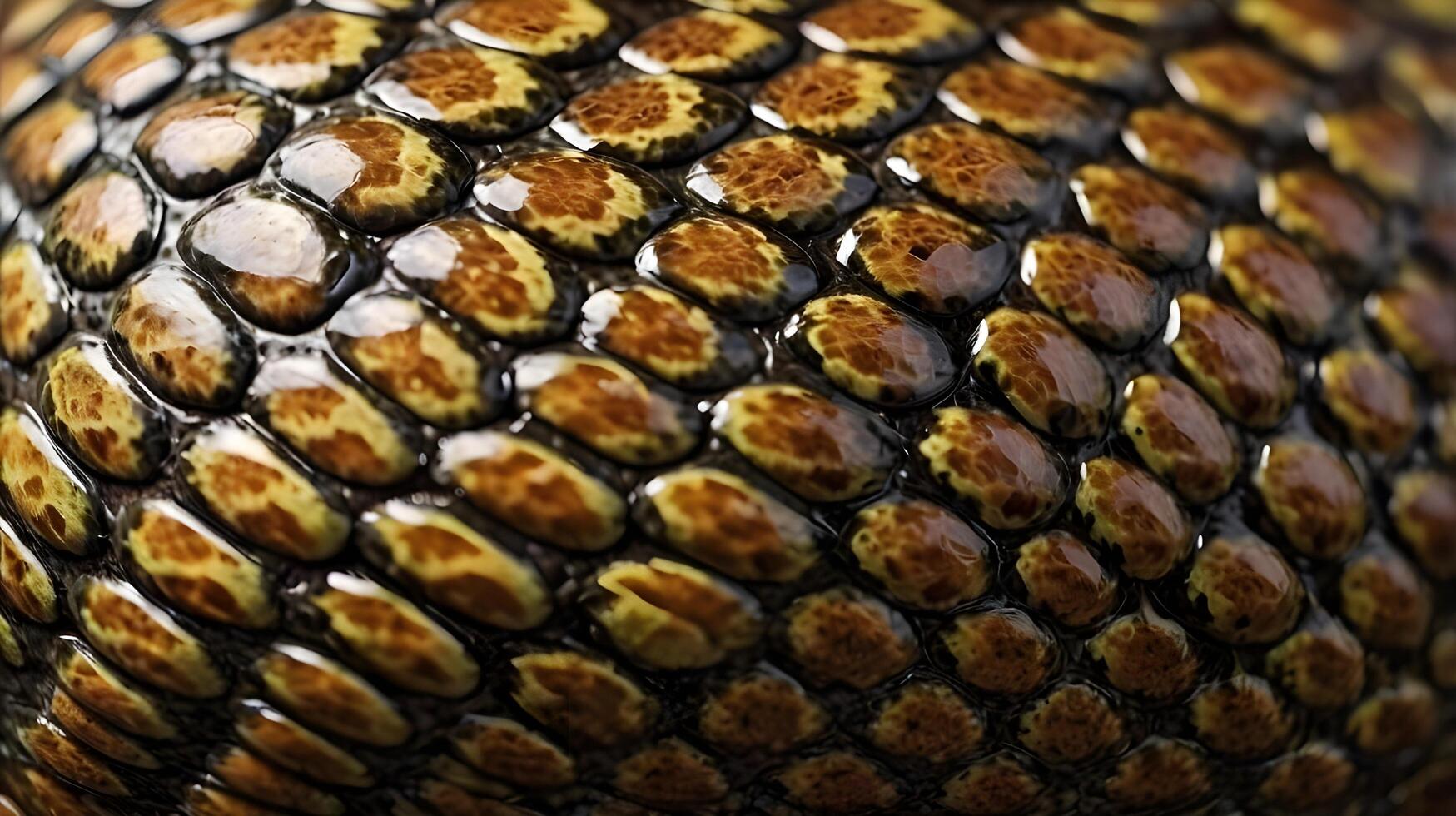 A magnified shot of a snakes scales, highlighting their overlapping design and the glossy sheen. photo