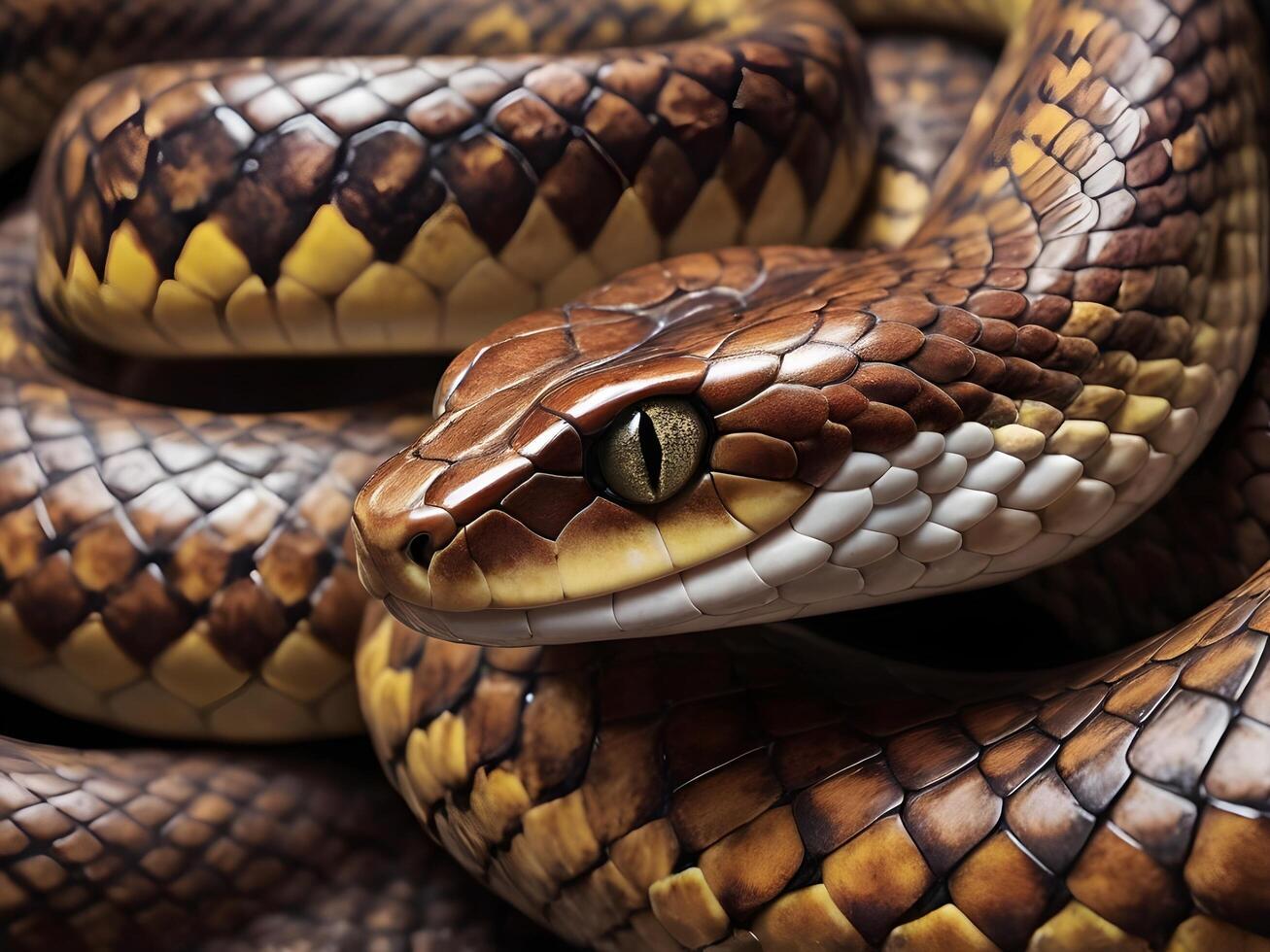 A detailed photograph of overlapping snake scales, each glistening with a polished shine. photo