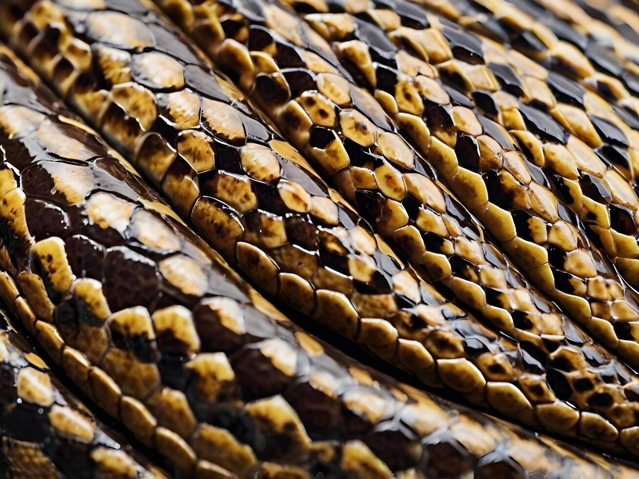 A sharp macro image of a snakes overlapping scales with glossy highlights. photo