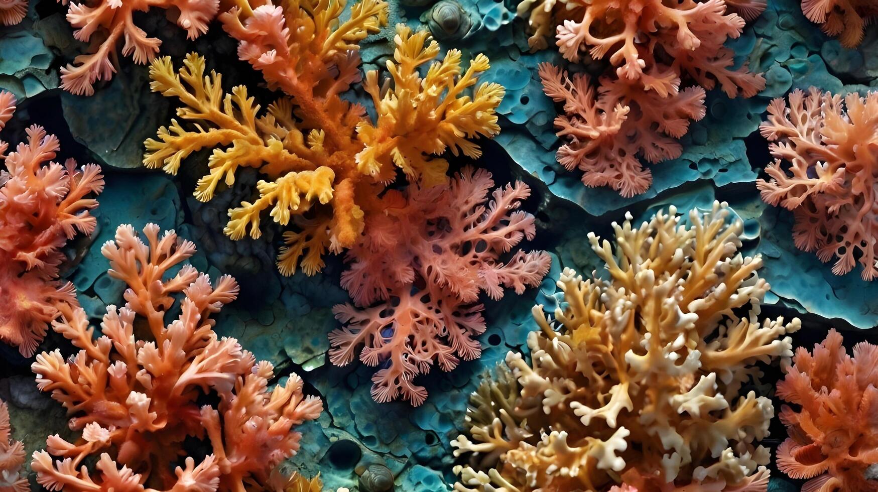 A high-detail marine image capturing the layered textures and hues of coral structures. photo