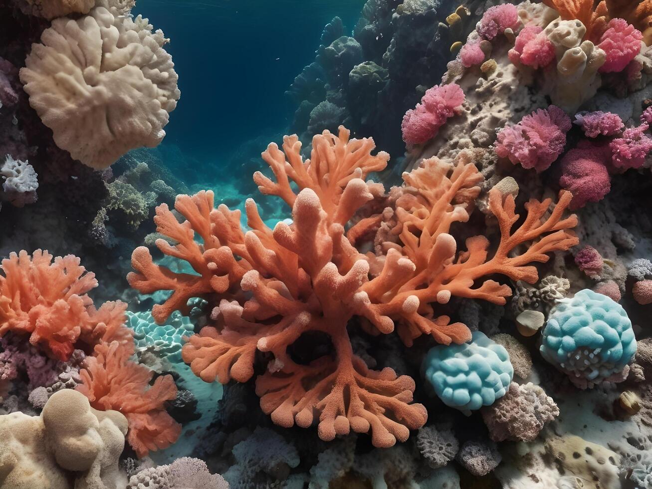 A zoomed-in photograph of coral displaying its elaborate, natural textures and vivid hues. photo