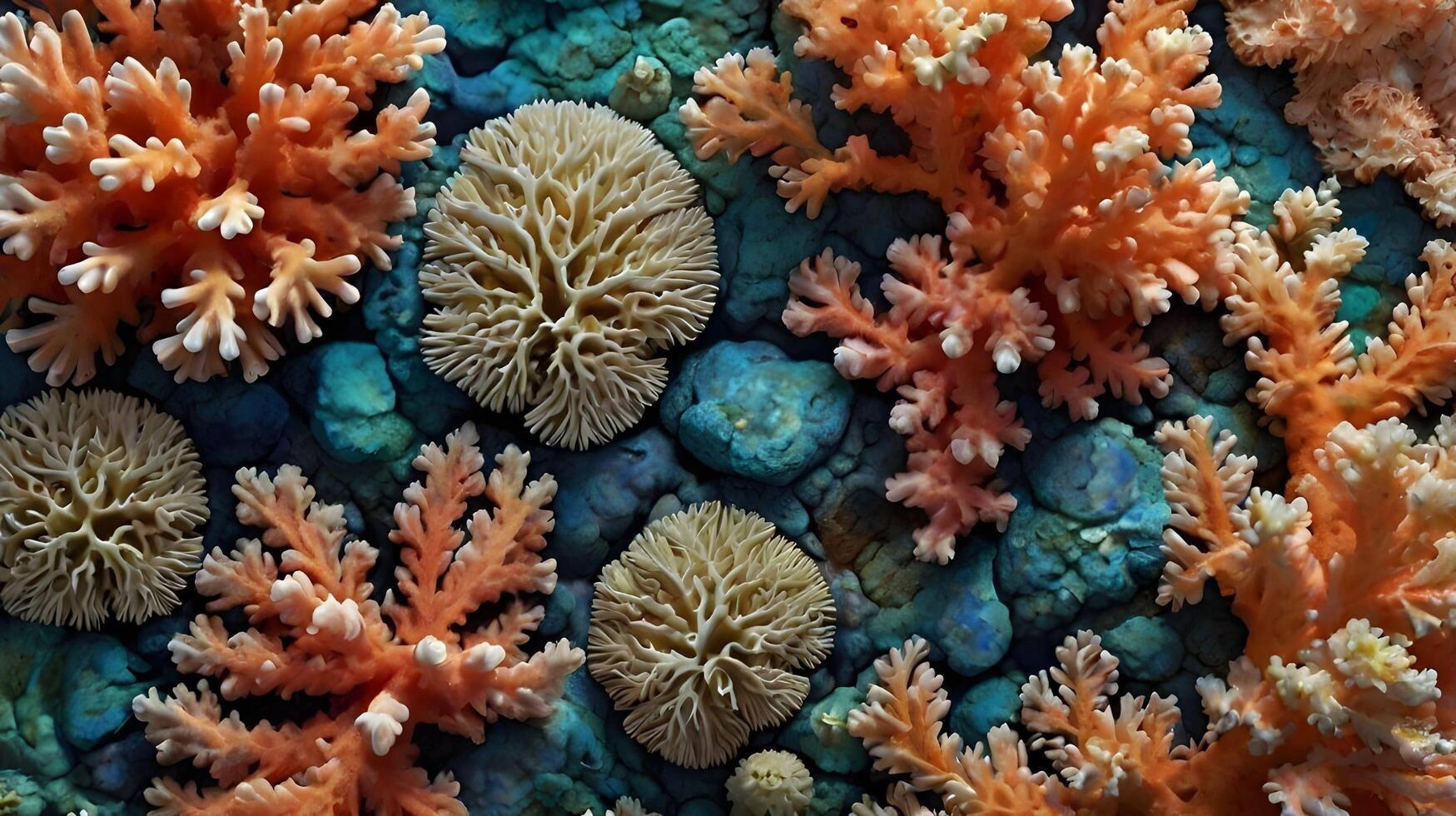 A detailed shot of coral reefs, emphasizing their organic patterns and diverse textures. photo