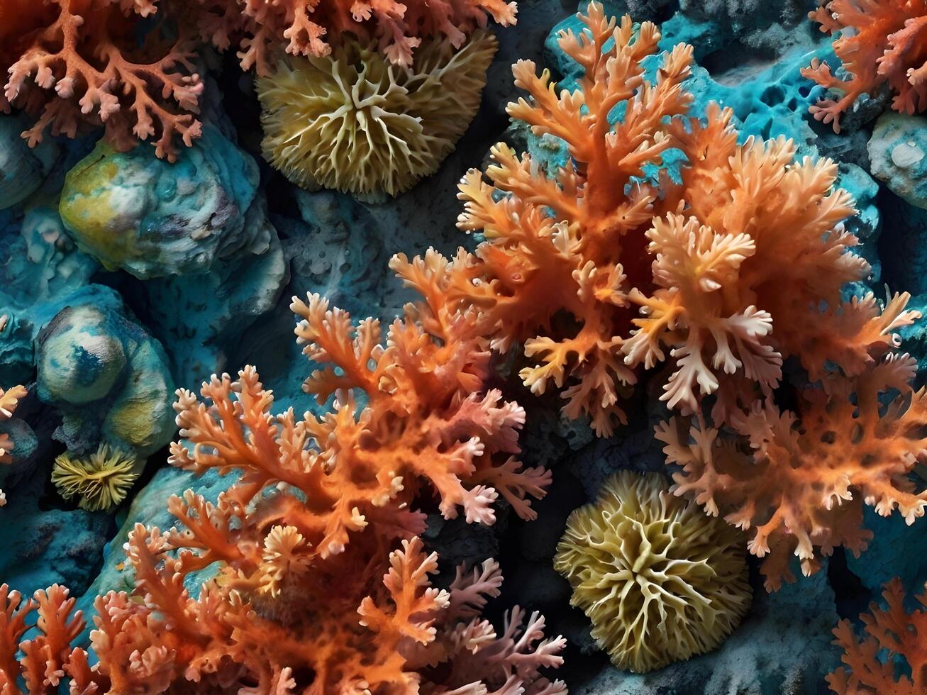 A detailed close-up of vibrant coral structures displaying intricate natural patterns. photo