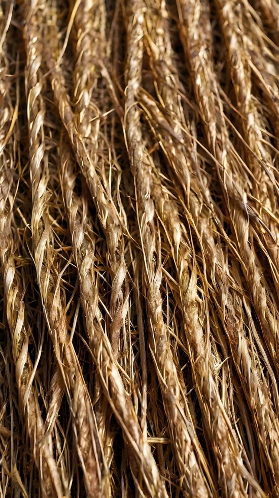 A close-up view of straw fibers tightly woven to create a neat geometric formation. photo