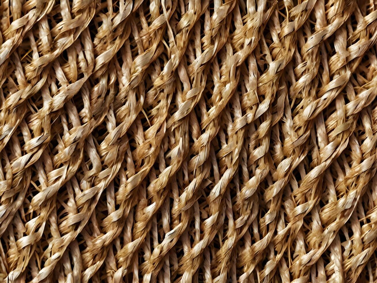 A detailed macro image showing the geometric structure created by closely woven straw fibers. photo