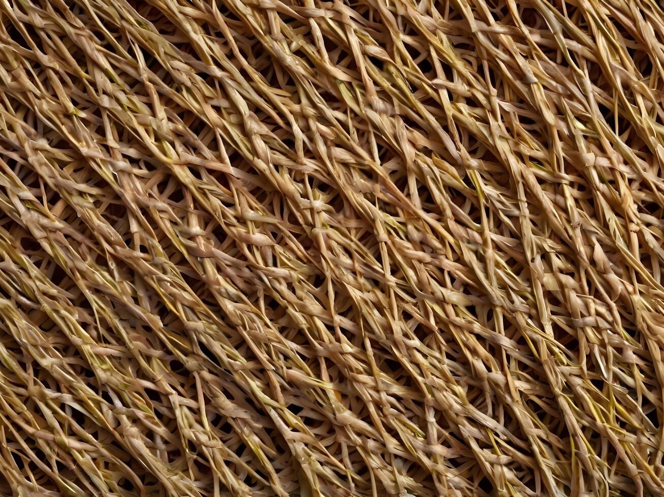A close-up of natural straw fibers woven together to form a carefully designed geometric pattern. photo