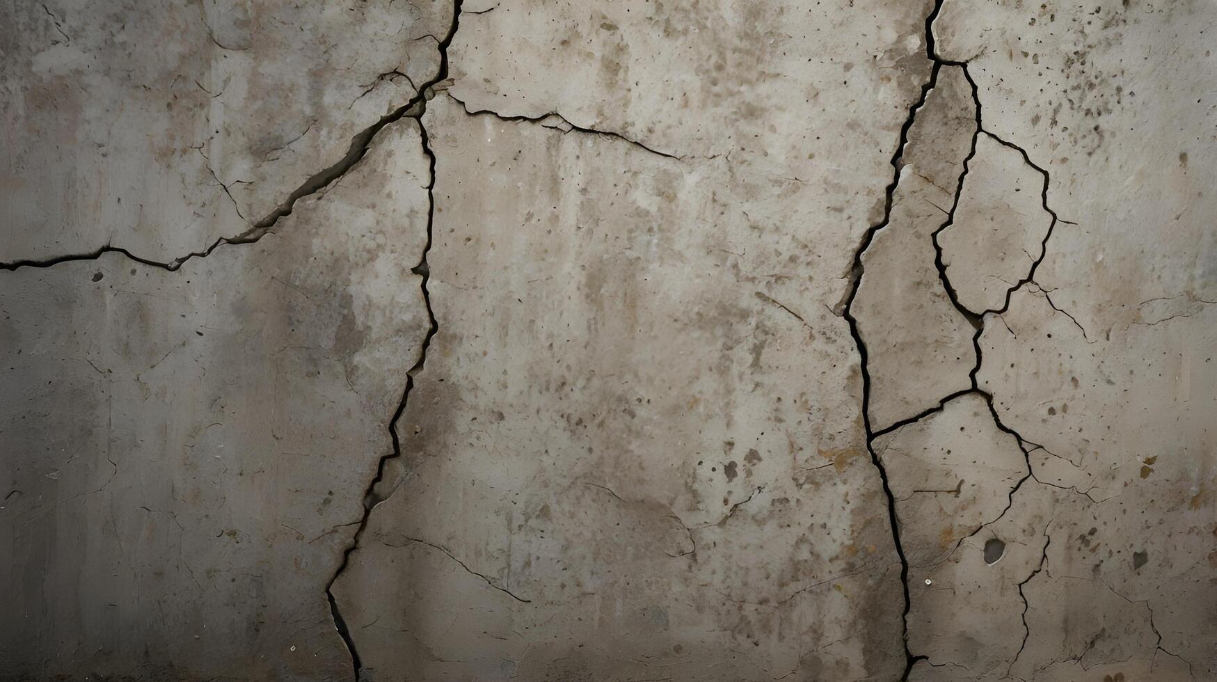 A detailed close-up of a rugged concrete wall, highlighting its cracks and surface flaws. photo