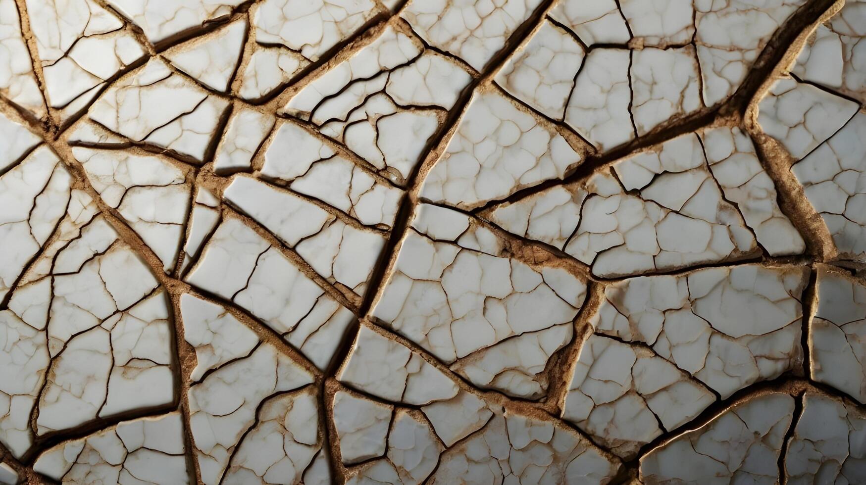 A detailed image of a ceramic surface with an intricate network of hairline fractures. photo
