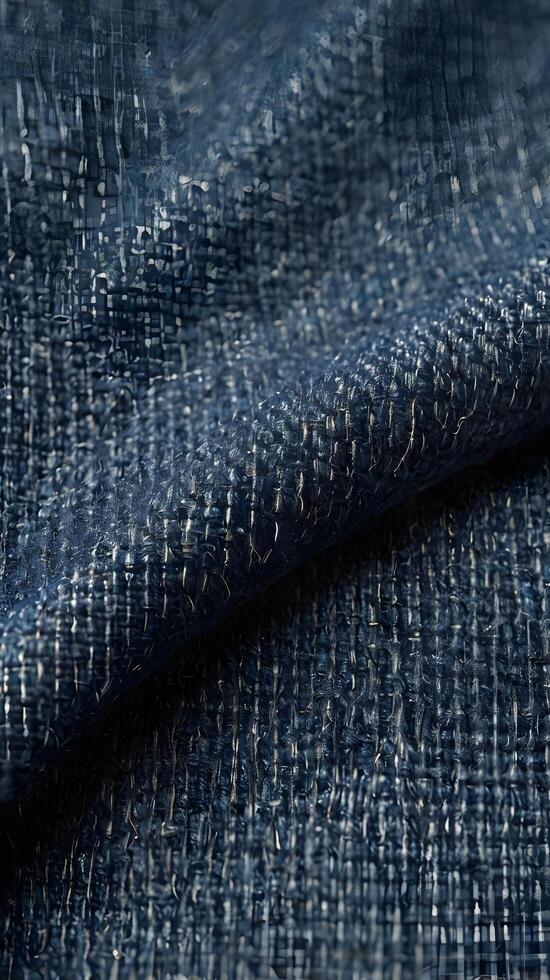 A sharp macro shot of sturdy blue jeans fabric, focusing on its signature weave. photo