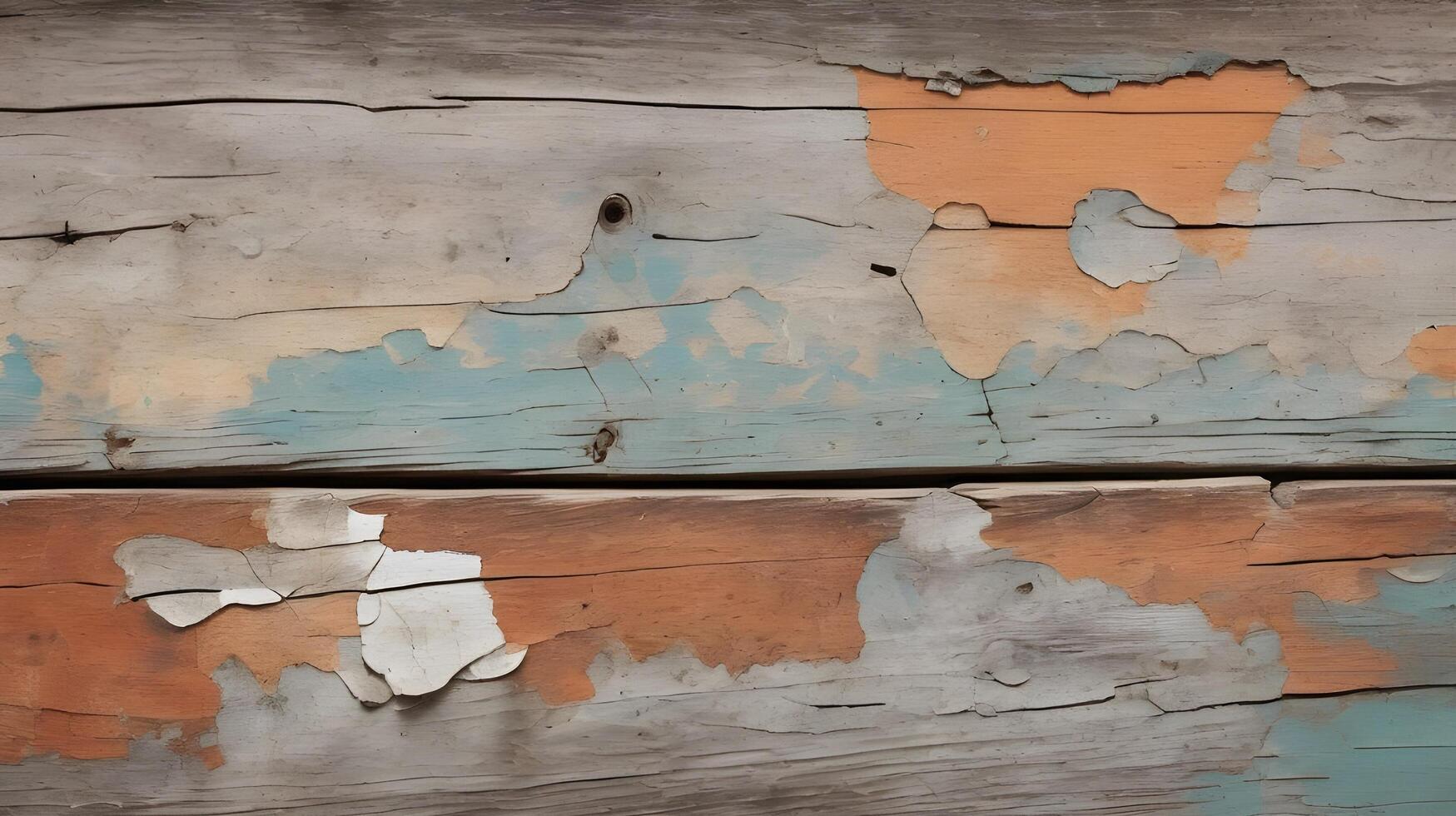 A macro shot of rustic wood with faded, chipped paint and visible grain patterns. photo