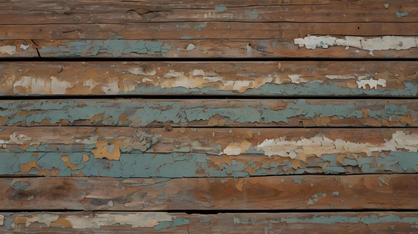 A macro shot of distressed wooden planks featuring chipped and faded paint. photo