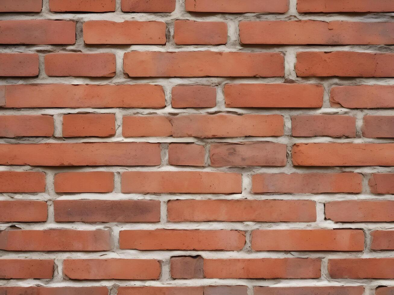 A close-up of a rustic red brick wall with worn-out mortar and rugged textures. photo
