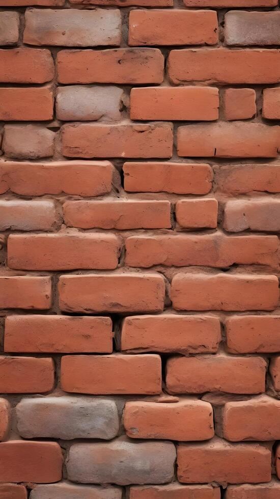 A macro shot of a deteriorated red brick wall with deep grooves and uneven mortar. photo