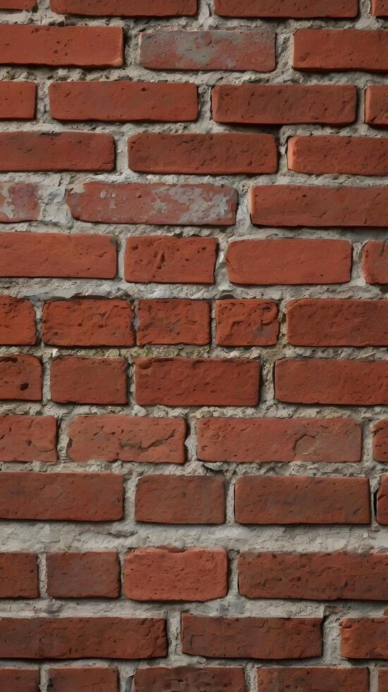 A close-up of a rustic brick wall with eroded mortar and a weathered, rugged look. photo