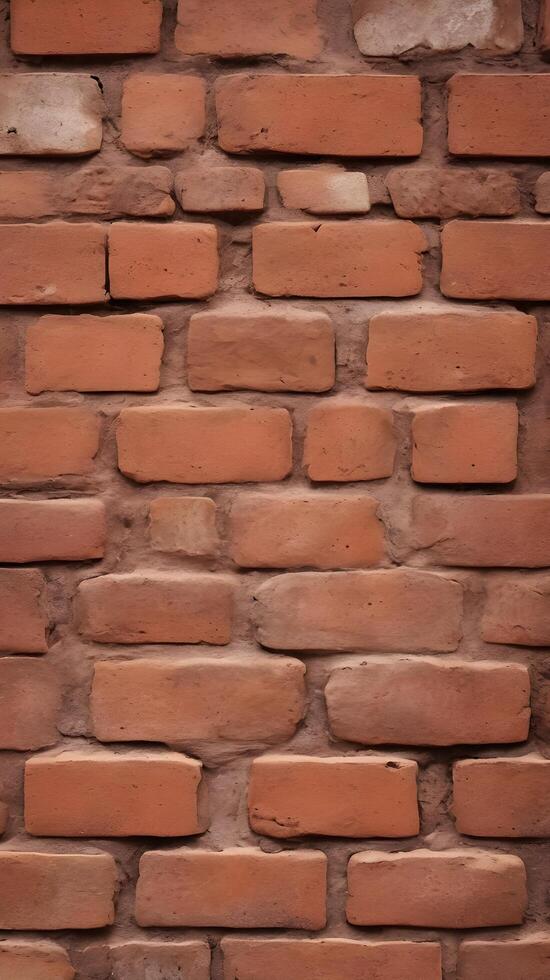 A close-up of an aged red brick wall, showing worn mortar and a rough, textured surface. photo