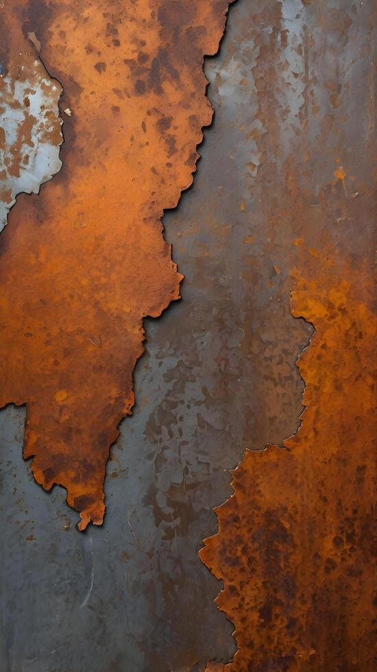 A close-up of distressed metal, featuring corrosion marks and deep burnt-orange coloration. photo