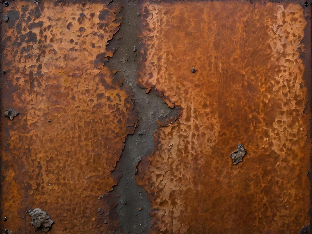A macro image of an aged metal sheet covered in peeling rust and earthy orange shades. photo