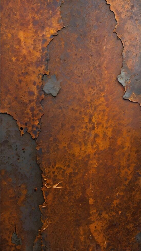 A detailed close-up of oxidized metal with peeling rust and deep orange hues. photo