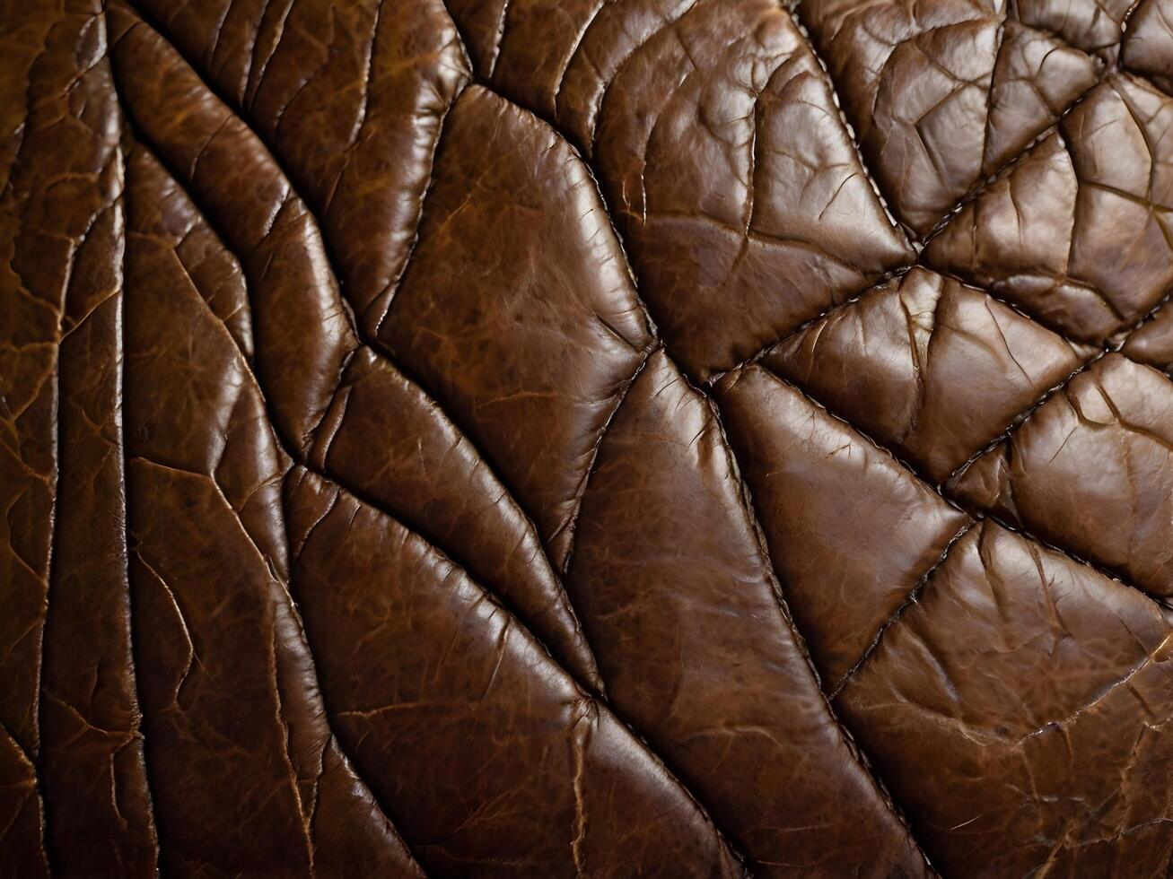 A high-resolution shot of old leather with visible grain patterns, folds, and surface imperfections. photo