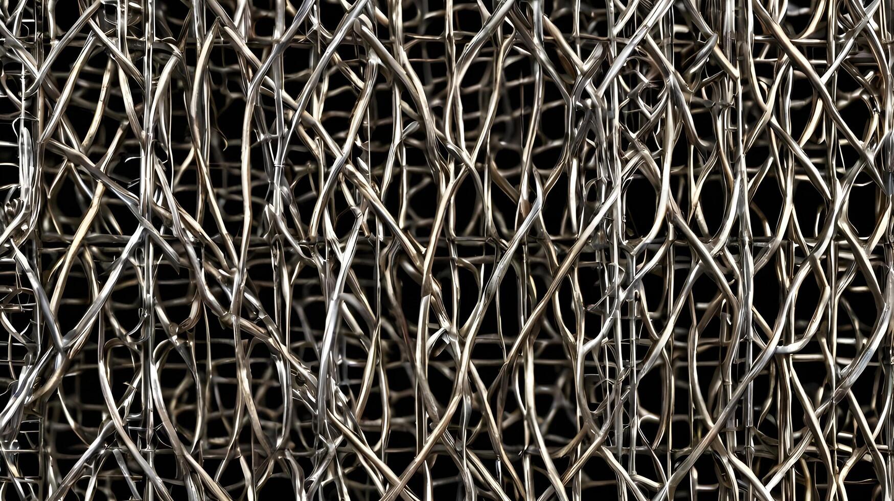A finely detailed macro shot of interlaced metal wire mesh, forming repeating geometric motifs. photo