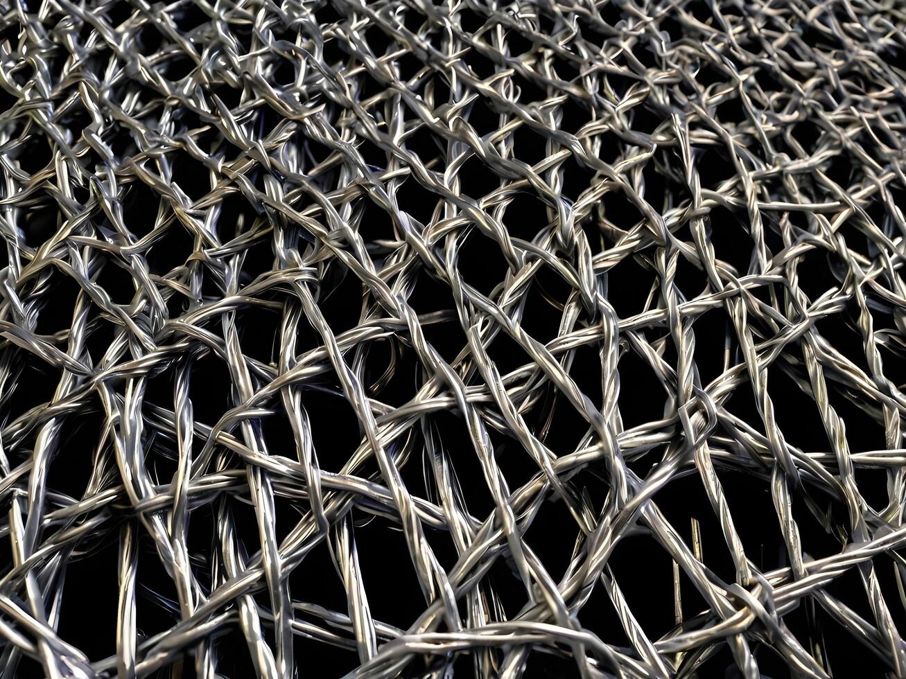 A finely focused shot of metal wire mesh, displaying a complex, repeating geometric design. photo