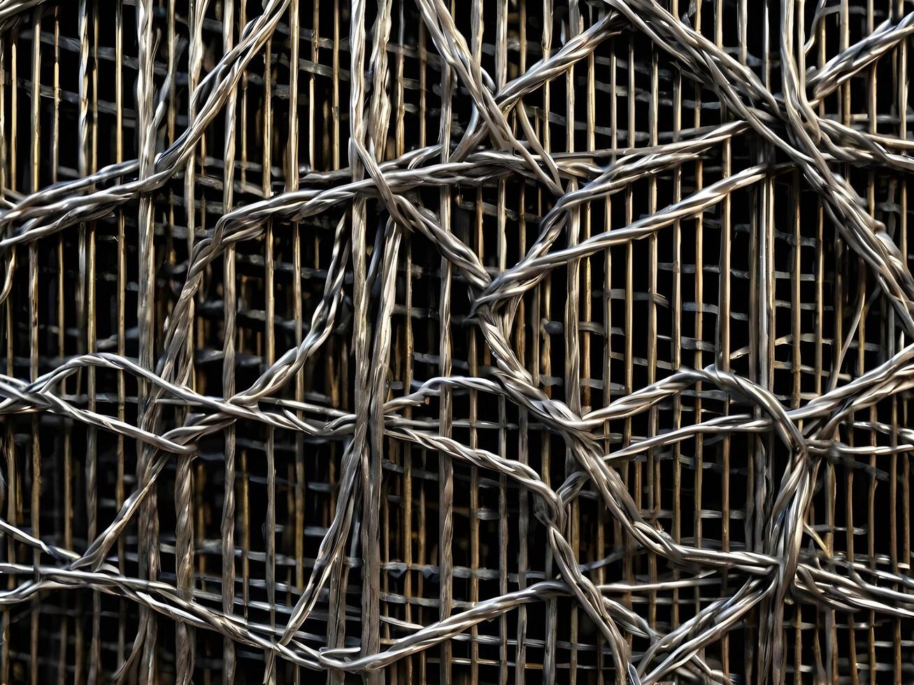A close-up of interwoven metal wire mesh, revealing its symmetrical pattern. photo