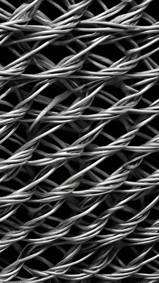 A sharp close-up of woven metal wire mesh, emphasizing its intricate, patterned structure. photo