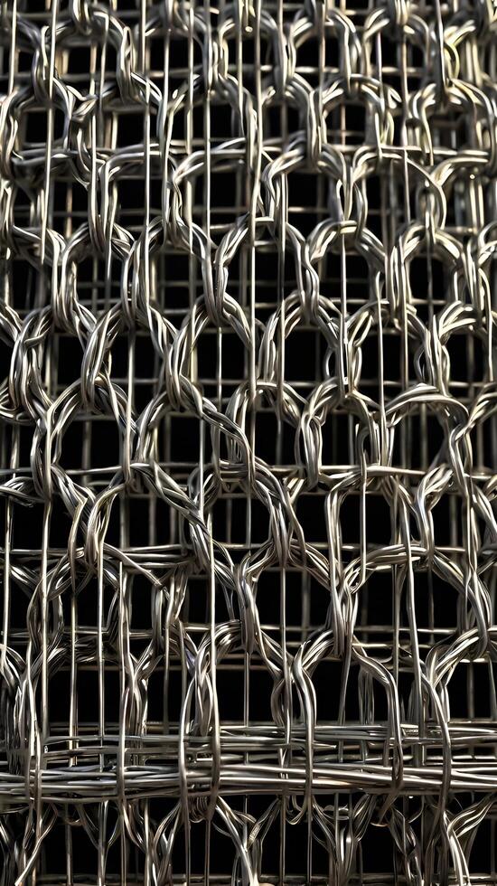A high-resolution image of metal wire mesh, intricately interwoven into geometric shapes. photo