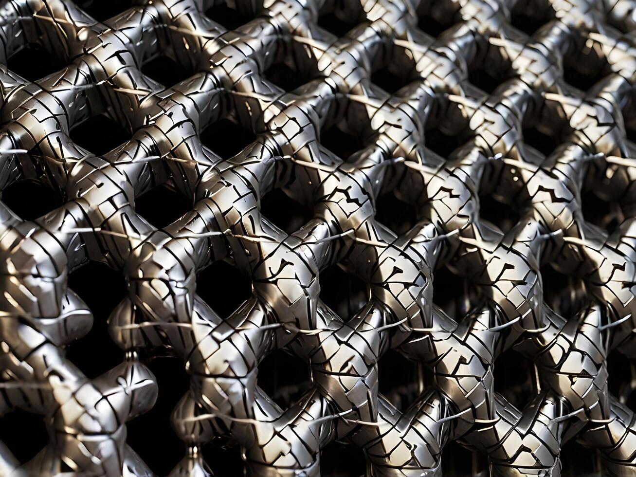 A geometric close up of interwoven metal wire mesh, forming repeating patterns. photo