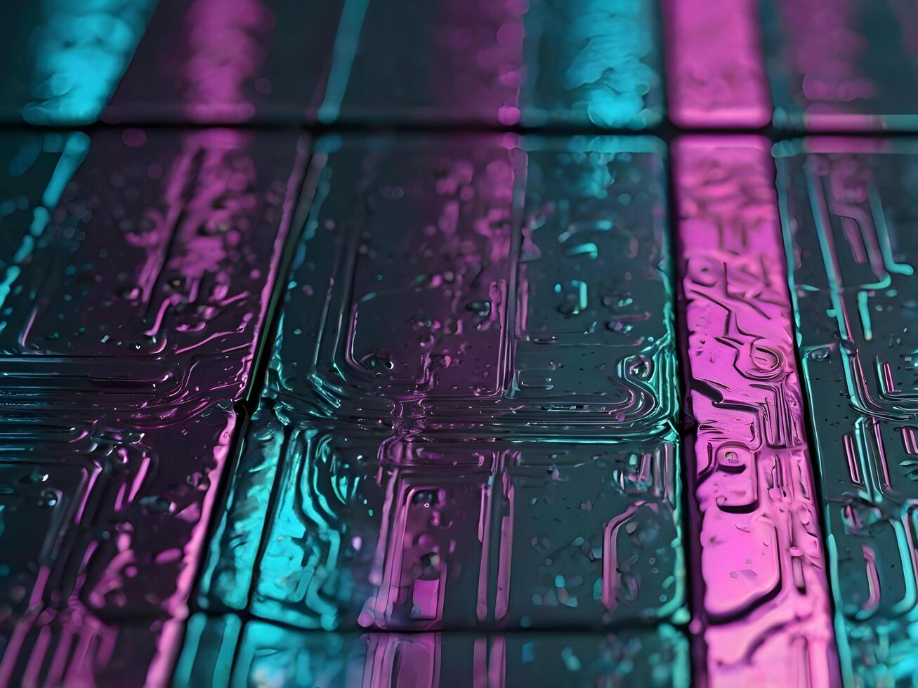 A sharp, vibrant close-up of neon reflections highlighting the sleek surface of brushed metal. photo