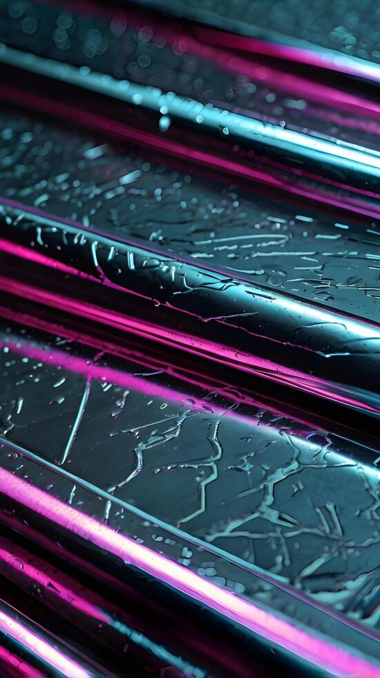 A macro shot of neon-lit reflections on the metallic texture of brushed metal. photo