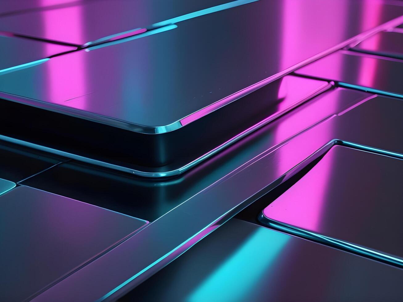 A sharp, detailed image showing neon colors dancing on a brushed metal surface. photo