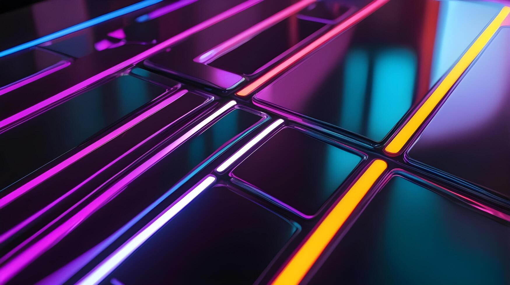 A vivid macro shot of neon lights reflected across a brushed metal surface. photo