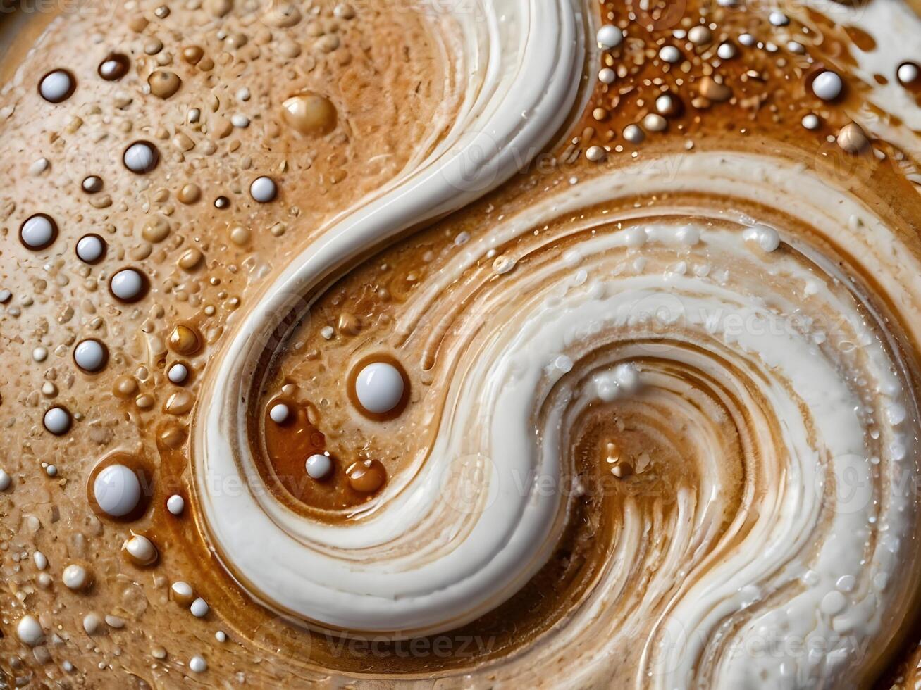 A high-resolution close-up of espresso foam, featuring its light bubbles and creamy texture. photo
