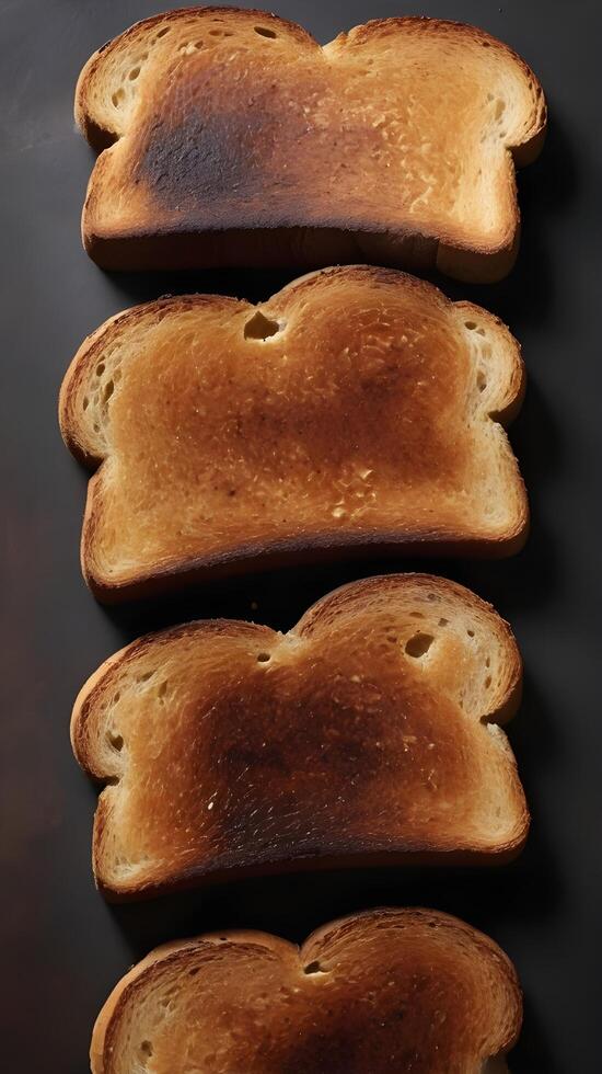 A detailed view of toast, lightly burnt and crispy, with rich, textured brown crust. photo