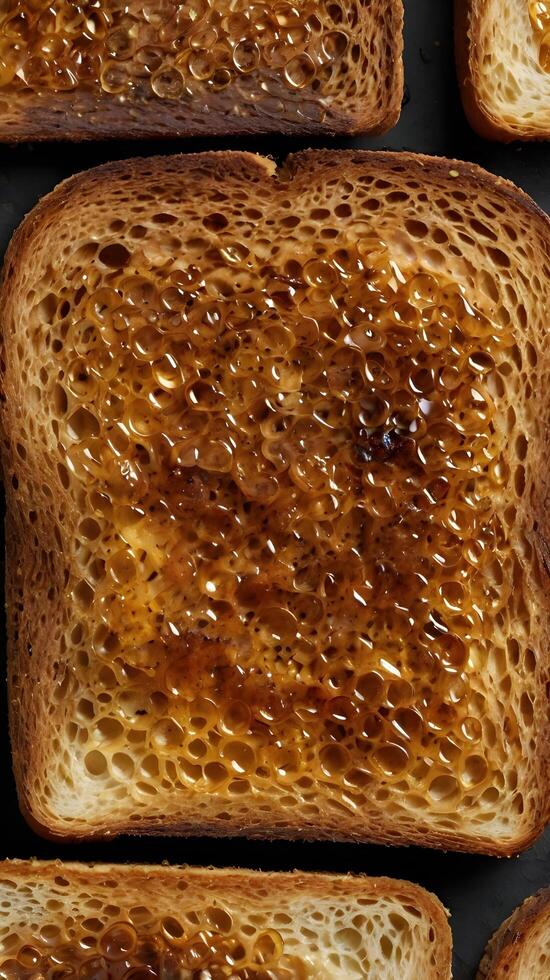 A close up of crispy, slightly burnt toast with rich brown textures. photo