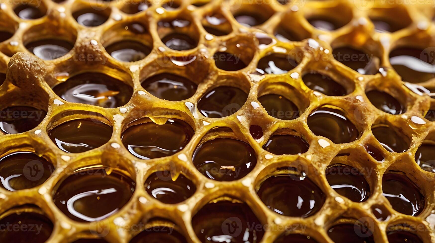 A crisp macro image of honeycomb cells filled with rich, golden honey. photo