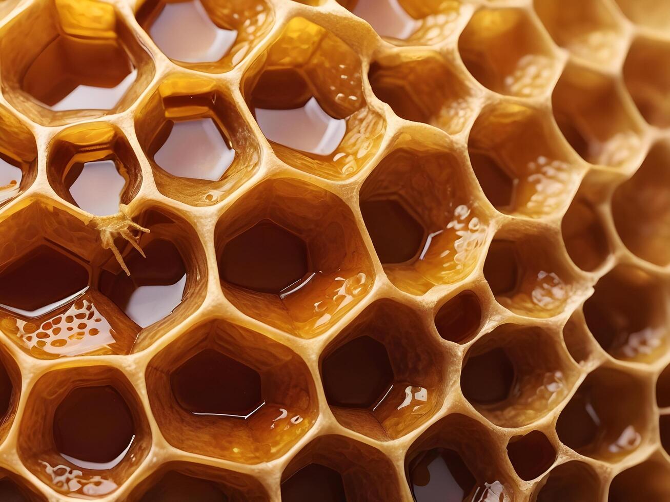 A detailed close-up of honeycomb with shimmering golden cells filled with sweet honey. photo