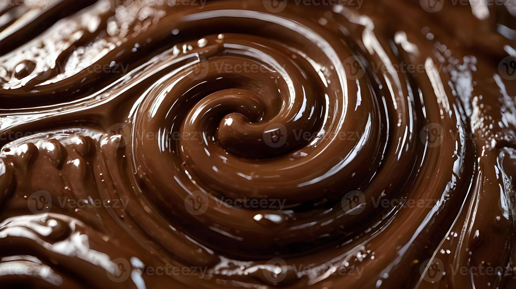 A detailed shot of melted chocolate, its smooth, glossy texture enhanced by soft swirling patterns. photo