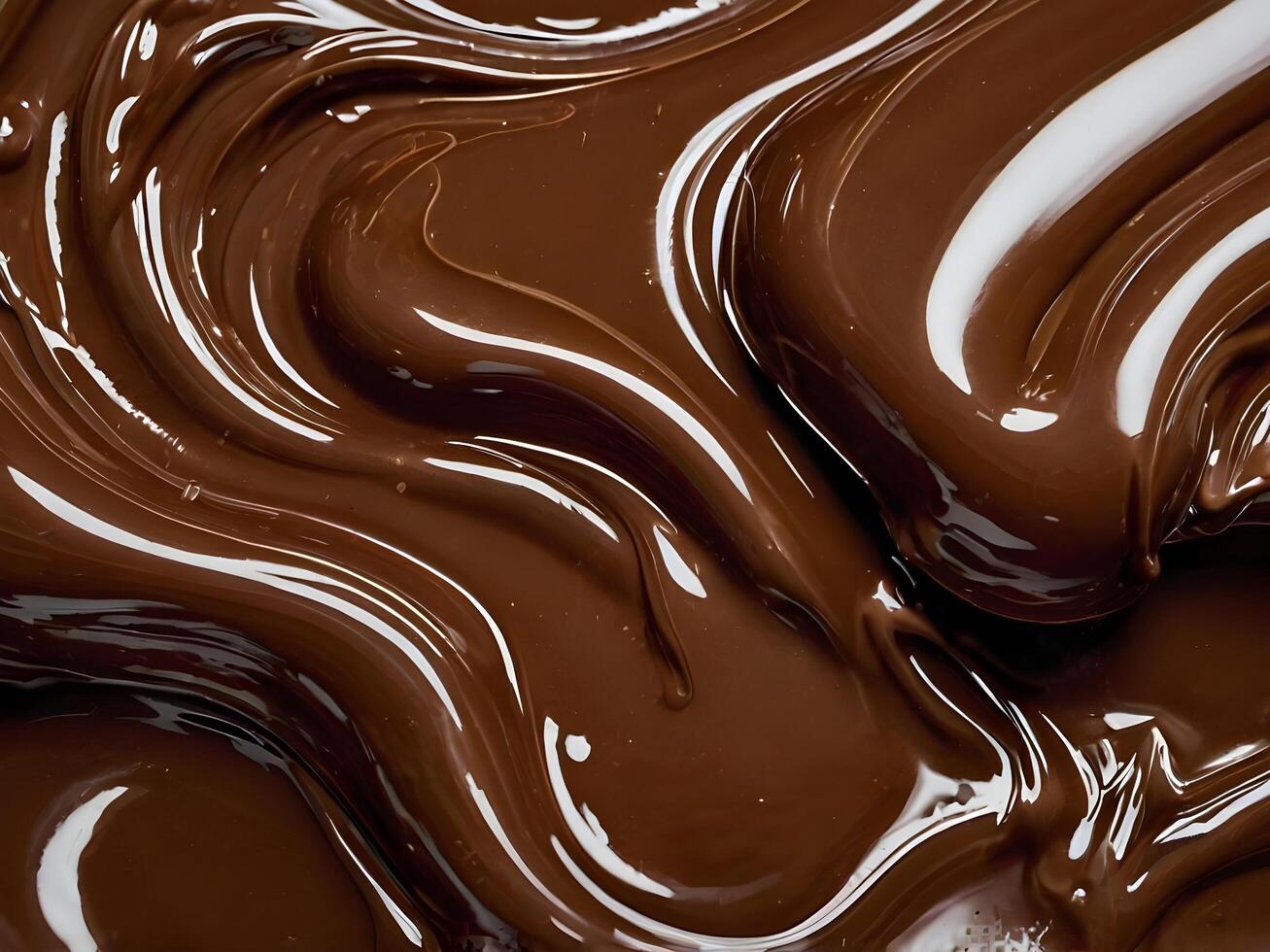 A close-up of glossy, melted chocolate, capturing its smooth texture and soft swirls. photo
