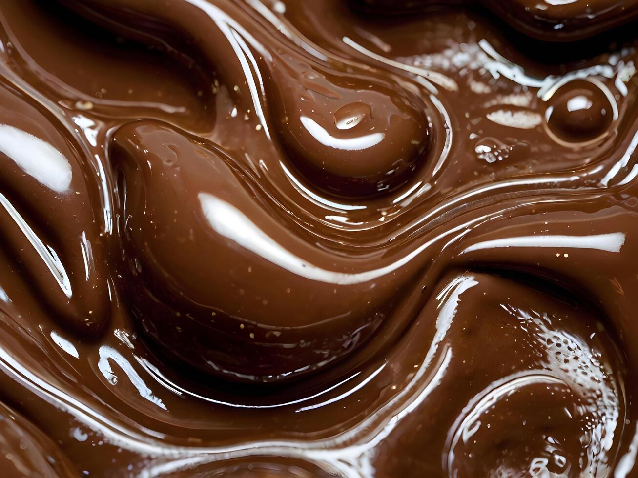 A detailed close-up of melted chocolate, smooth and glossy with delicate swirling patterns. photo