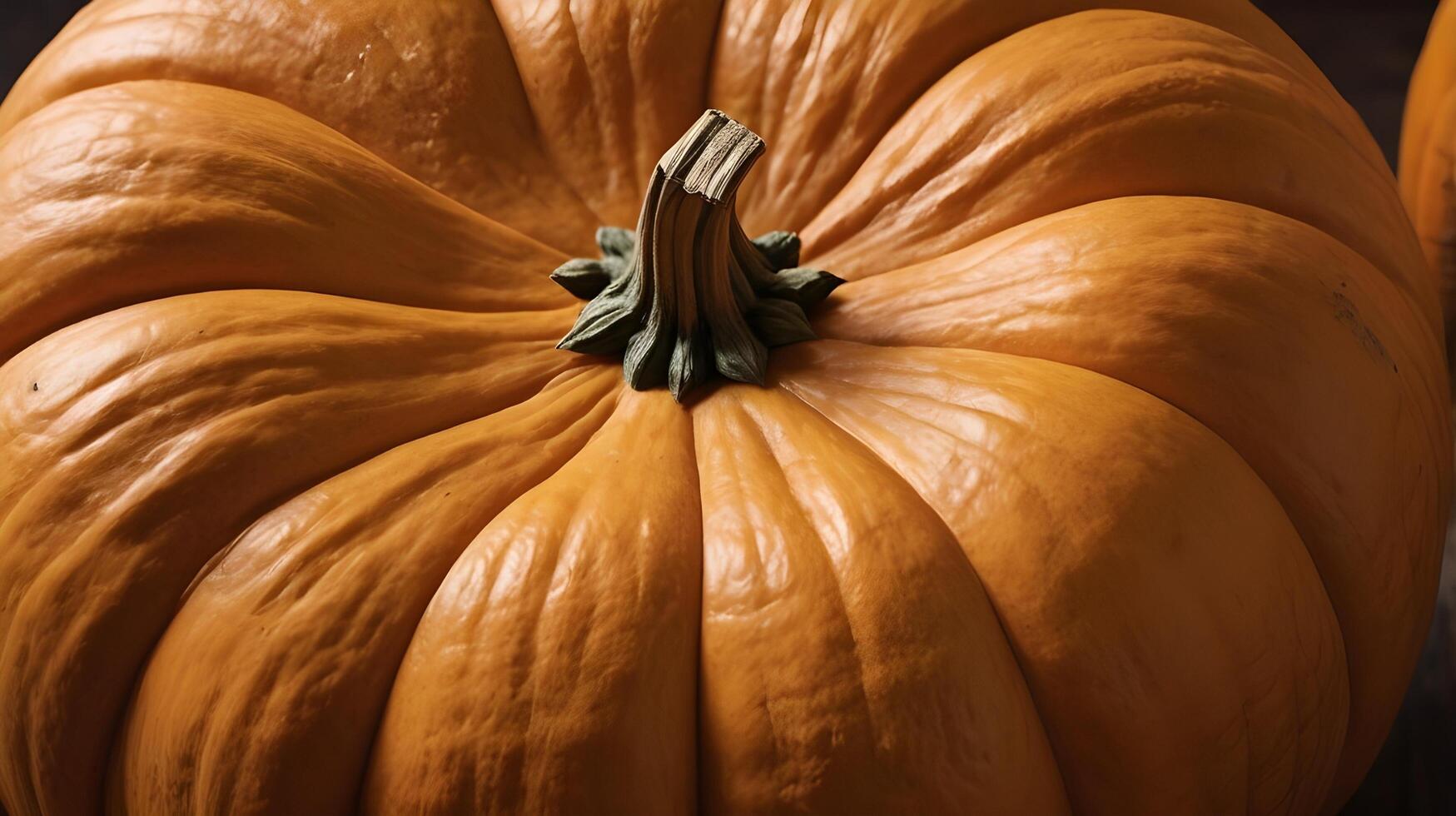 A high-resolution shot of a pumpkins surface, emphasizing its rough ridges and warm colors. photo