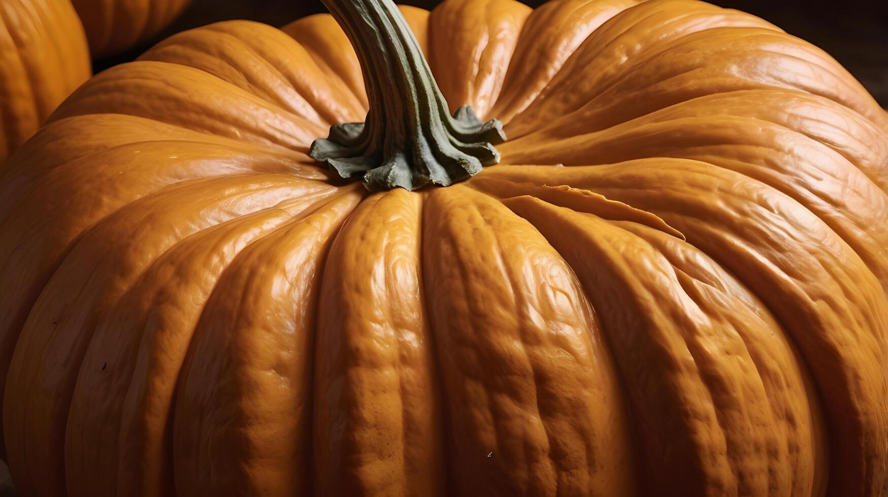 A close-up of a pumpkin, showcasing its rough, ridged surface with warm, earthy tones. photo