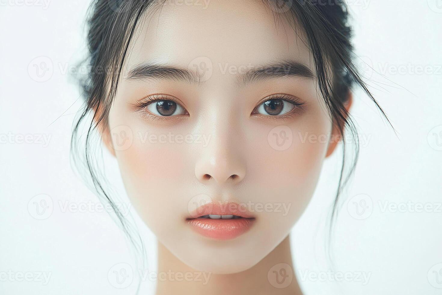 A woman with long hair and a white background photo