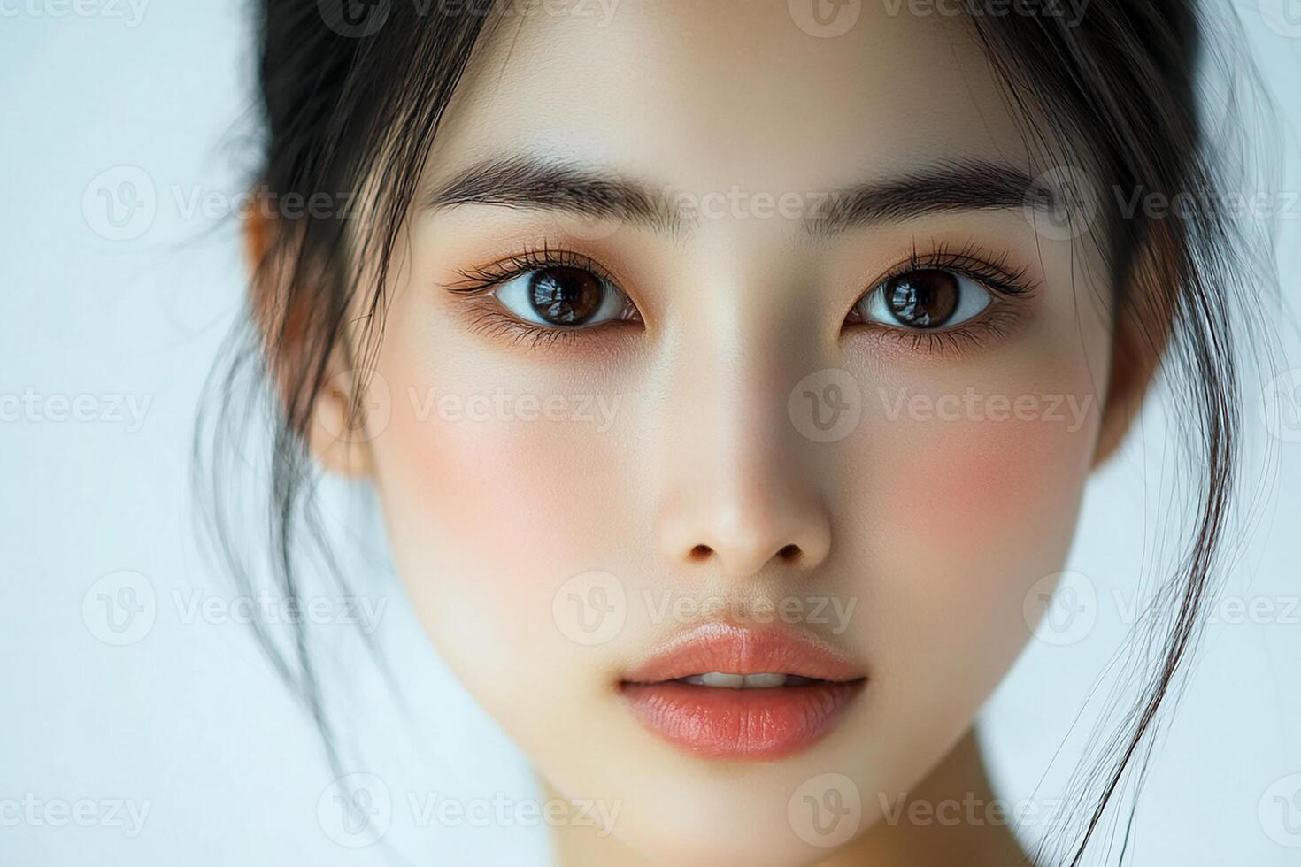 A beautiful young woman with dark hair and blue eyes photo