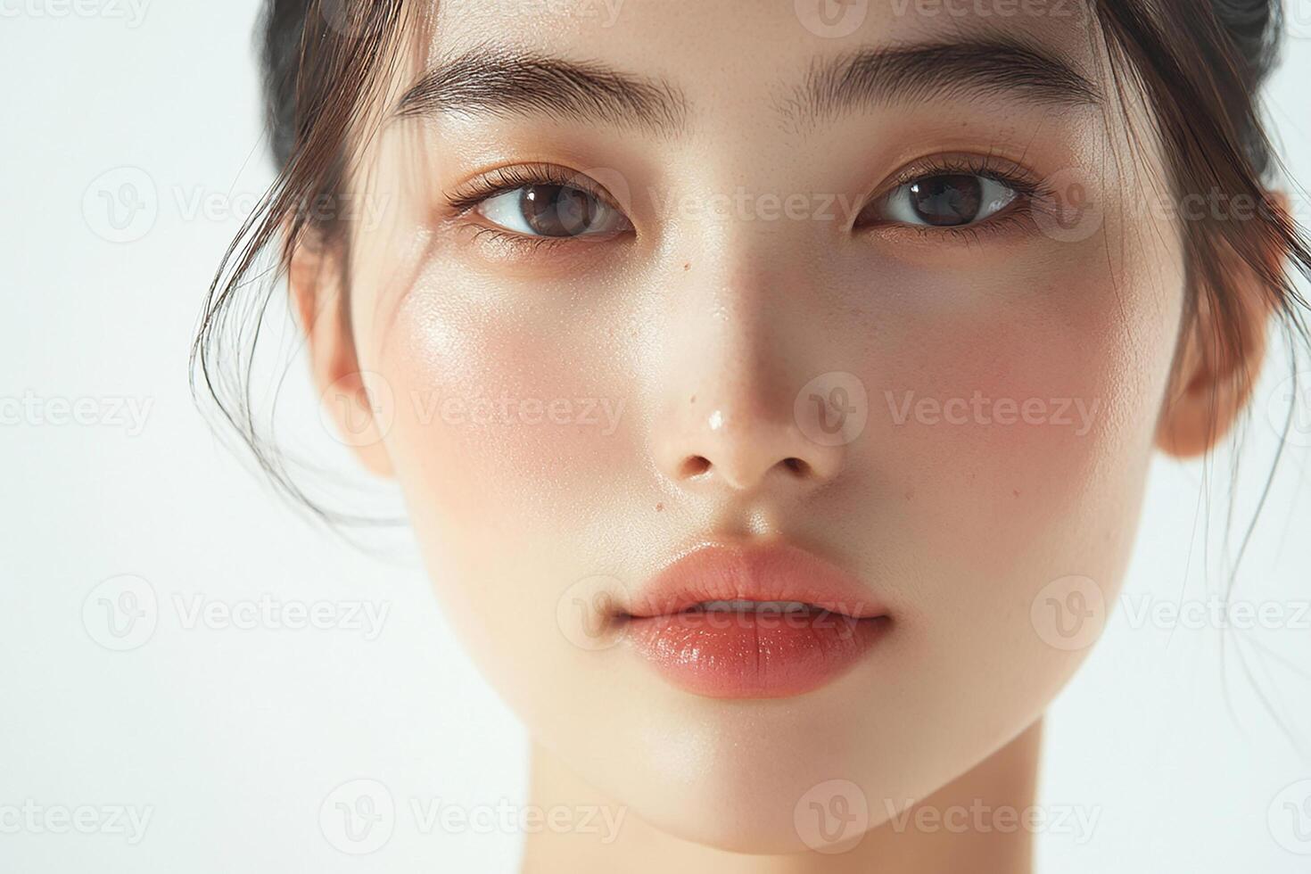 A close up of a woman with a pink face photo