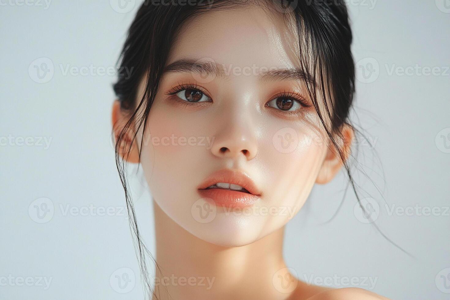 A beautiful young woman with long hair and a white shirt photo